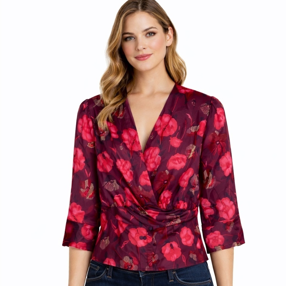 Guess Y2K Sheer Floral Fitted Peplum Blouse Red Pink Size S